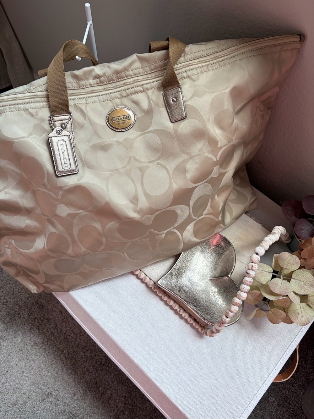Coach Cream Signature Tote with Tan Handles and Matching Cosmetic Pouch